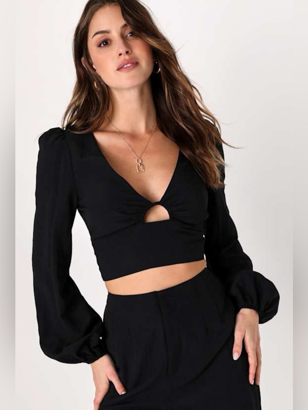 Lulu's Stylish Impulse Black Tie-Back Long Sleeve Crop Top